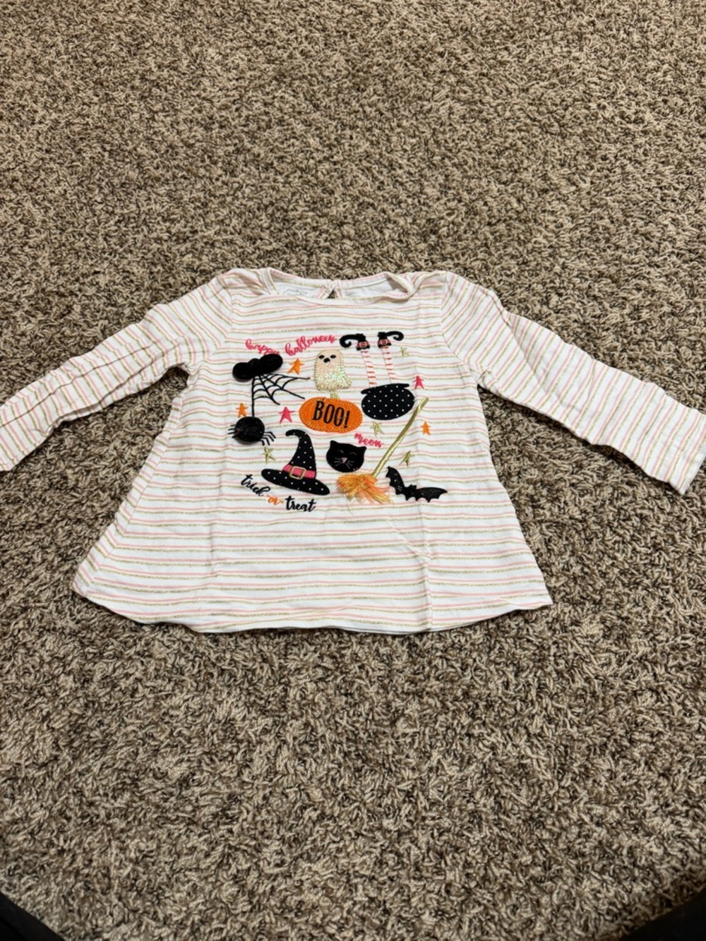 Girls' Halloween Long-Sleeve Striped Top - White with Orange Accents